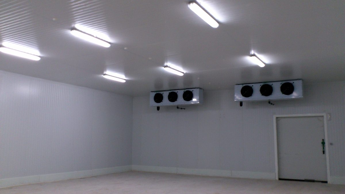 Interior de cámara frigorífica con evaporadores instalados en el techo